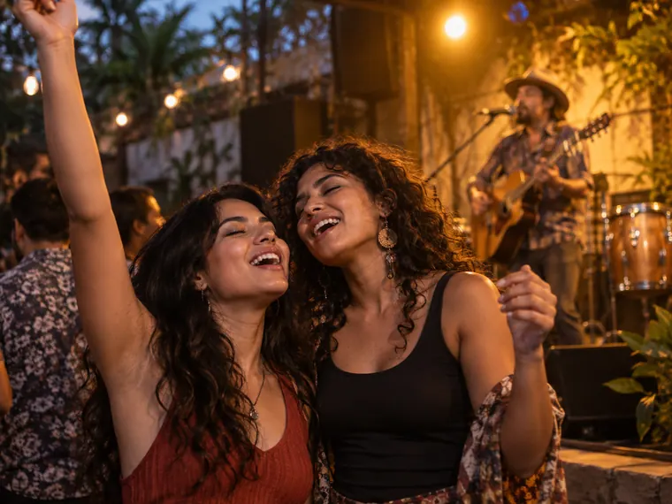 Dos amigas cantan durante una noche de música en vivo; imagen de campaña