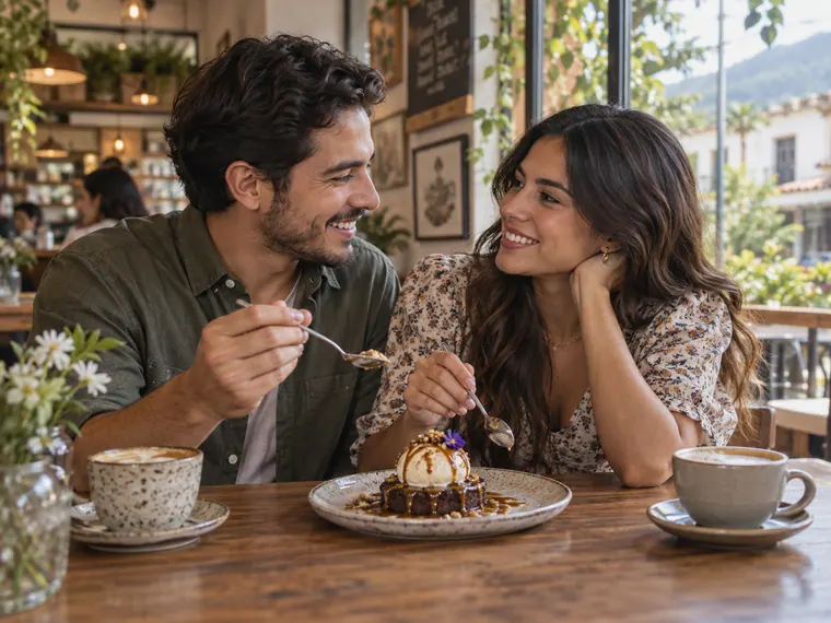 Una pareja comparte un postre; imagen de campaña